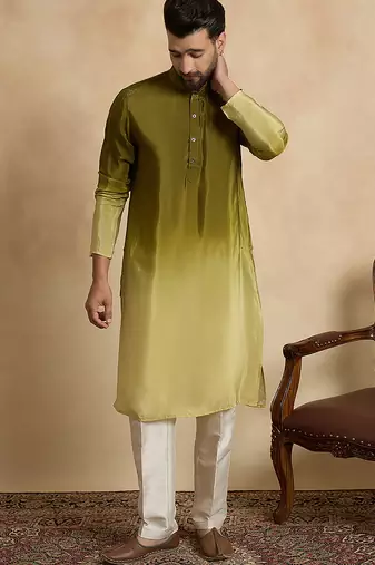 Men’s green silk blend kurta with solid na printed | trendy ethnic wear for festive, wedding & party occasions
