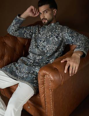 Men’s blue silk blend kurta with abstract sequins embroidered | trendy ethnic wear for festive, wedding & party 2