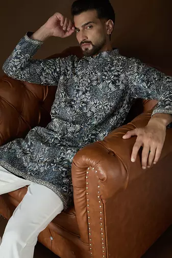 Men’s blue silk blend kurta with abstract sequins embroidered | trendy ethnic wear for festive, wedding & party