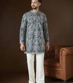 Men’s blue silk blend kurta with abstract sequins embroidered | trendy ethnic wear for festive, wedding & party