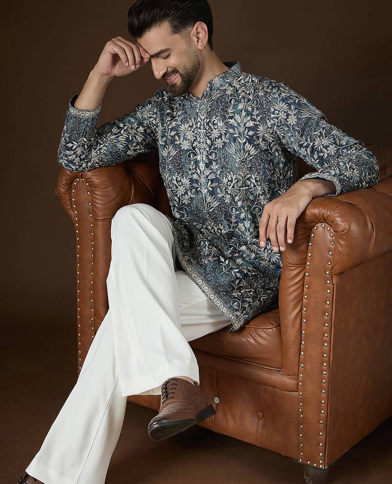 Men’s blue silk blend kurta with abstract sequins embroidered | trendy ethnic wear for festive, wedding & party