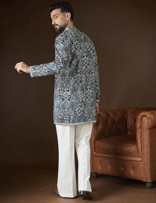 Men’s blue silk blend kurta with abstract sequins embroidered | trendy ethnic wear for festive, wedding & party 4