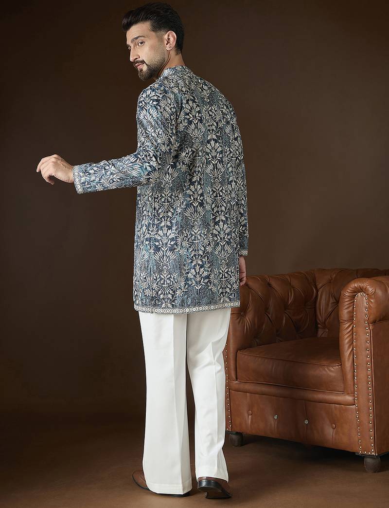 Men’s blue silk blend kurta with abstract sequins embroidered | trendy ethnic wear for festive, wedding & party