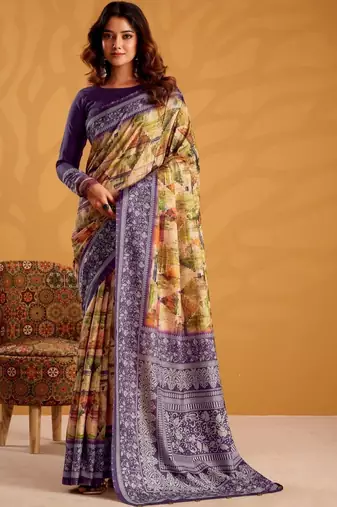 Yellow printed tussar sarees blouse piece