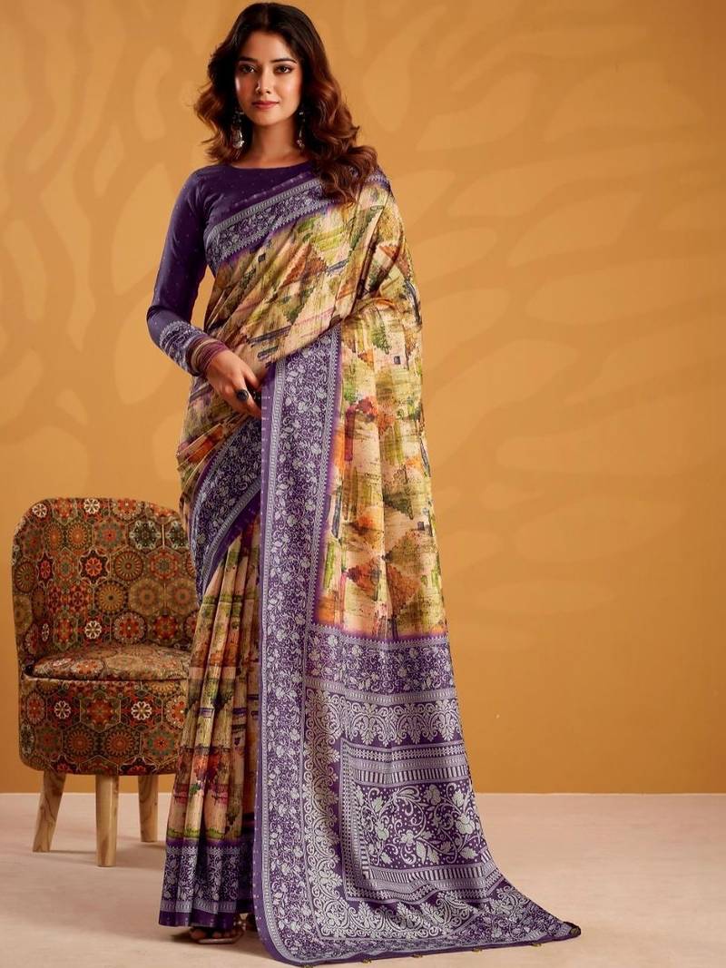 Yellow printed tussar sarees blouse piece