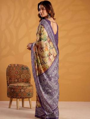 Yellow printed tussar sarees blouse piece 2