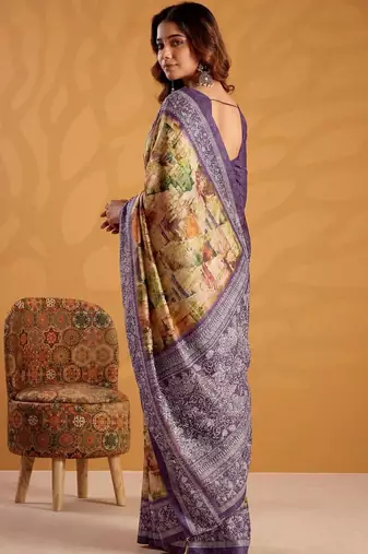 Yellow printed tussar sarees blouse piece