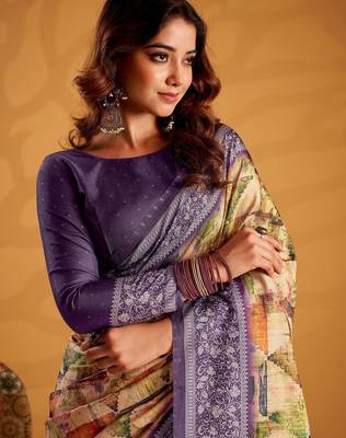 Yellow printed tussar sarees blouse piece 3