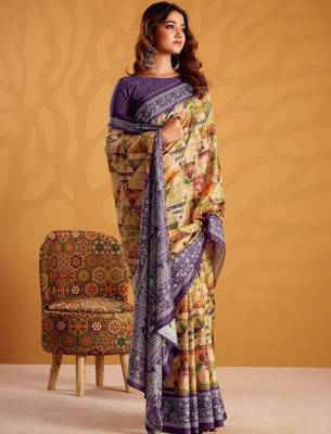 Yellow printed tussar sarees blouse piece 5