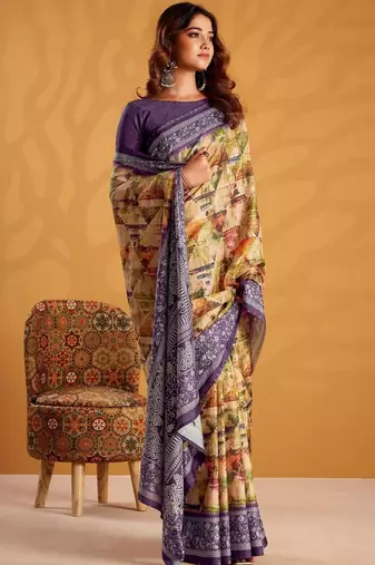 Yellow printed tussar sarees blouse piece