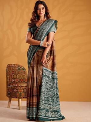 Green printed tussar sarees blouse piece 5