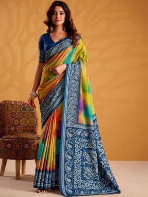 Orange printed tussar sarees blouse piece 1