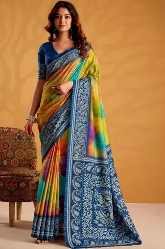 Orange printed tussar sarees blouse piece