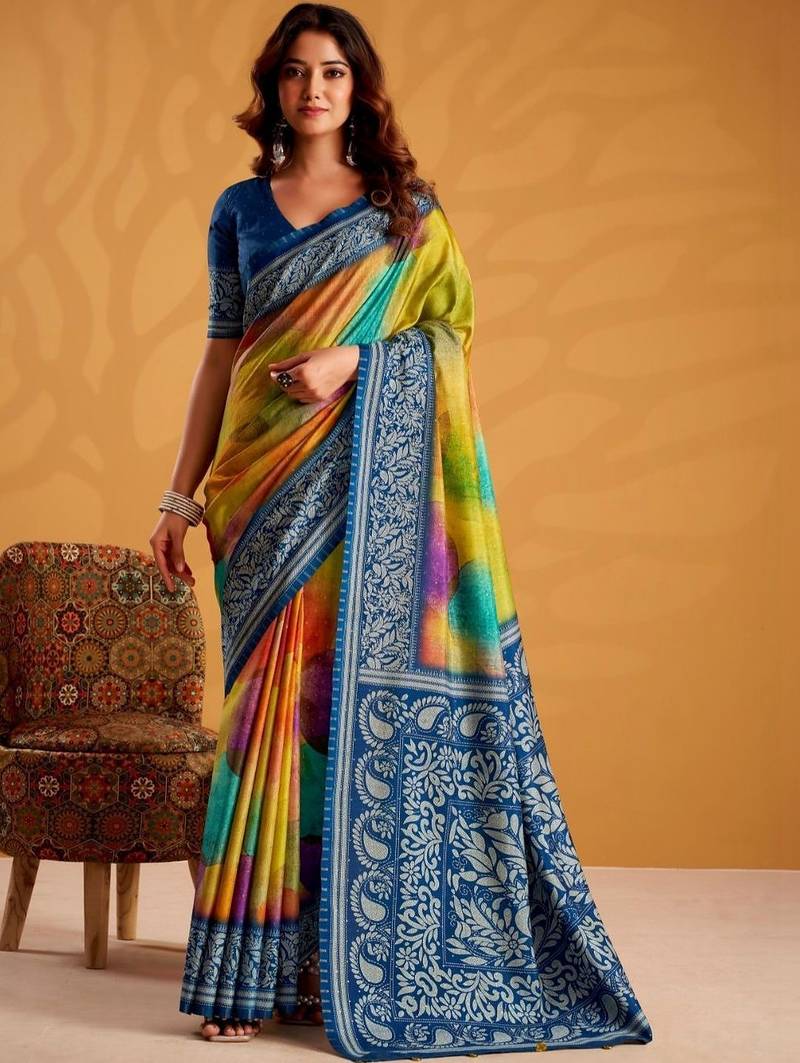 Orange printed tussar sarees blouse piece