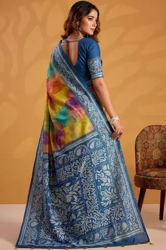 Orange printed tussar sarees blouse piece