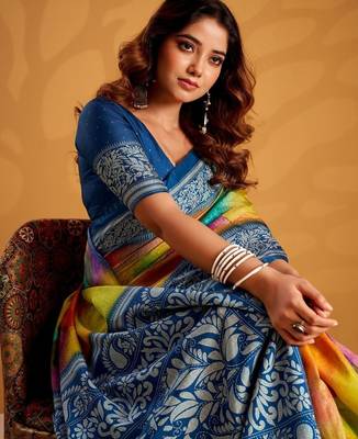 Orange printed tussar sarees blouse piece 3