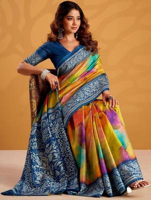 Orange printed tussar sarees blouse piece 5