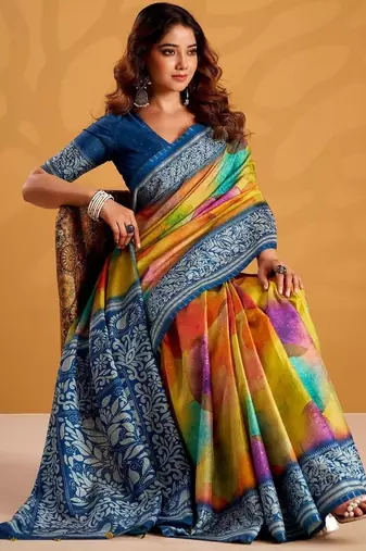 Orange printed tussar sarees blouse piece