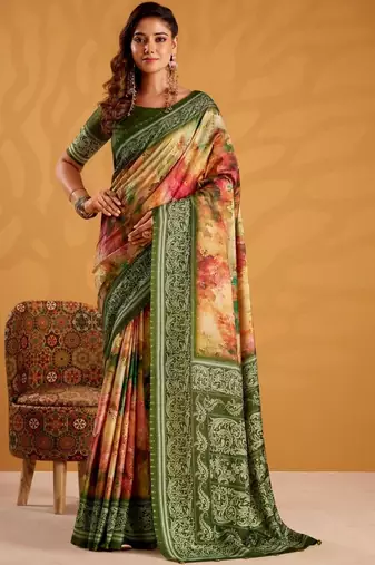 Orange printed tussar sarees blouse piece