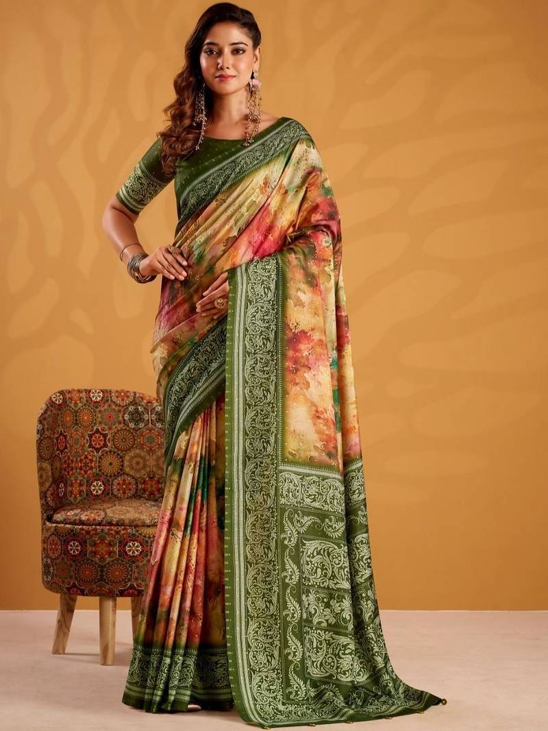 Orange printed tussar sarees blouse piece