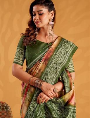 Orange printed tussar sarees blouse piece 3