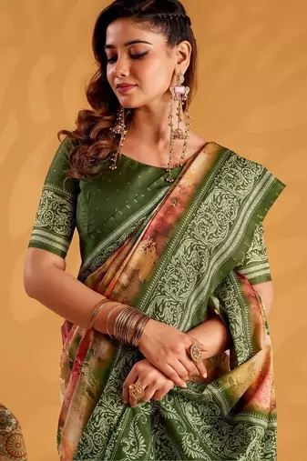 Orange printed tussar sarees blouse piece