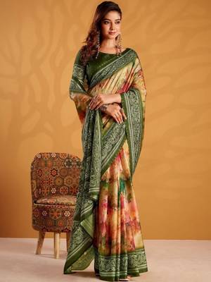 Orange printed tussar sarees blouse piece 5