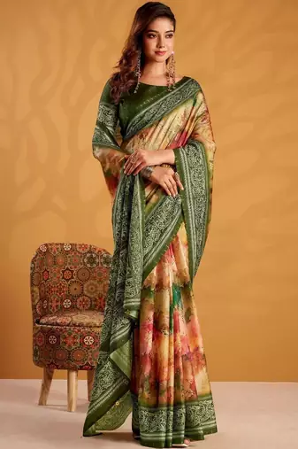 Orange printed tussar sarees blouse piece