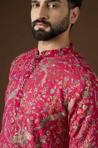 Men’s pink georgette kurta with solid sequins embroidered | trendy ethnic wear for festive, wedding & party occasions