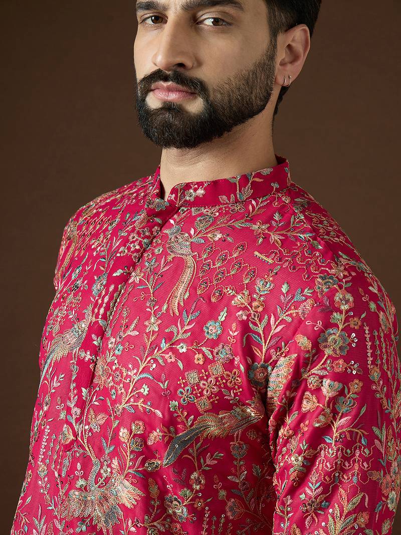 Men’s pink georgette kurta with solid sequins embroidered | trendy ethnic wear for festive, wedding & party occasions