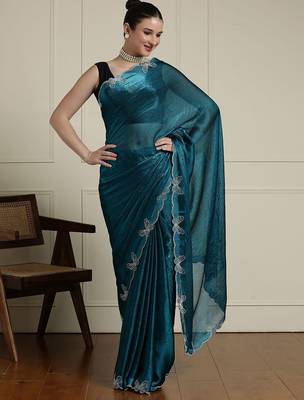 Blue embellished beads and stones saree with blouse 1