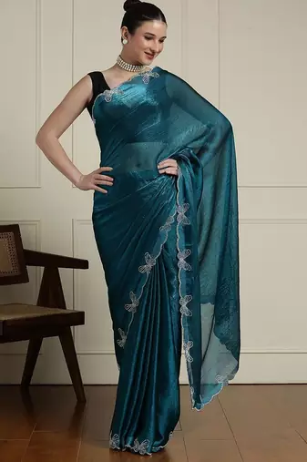 Blue embellished beads and stones saree with blouse