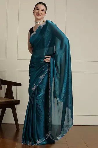 Blue embellished beads and stones saree with blouse