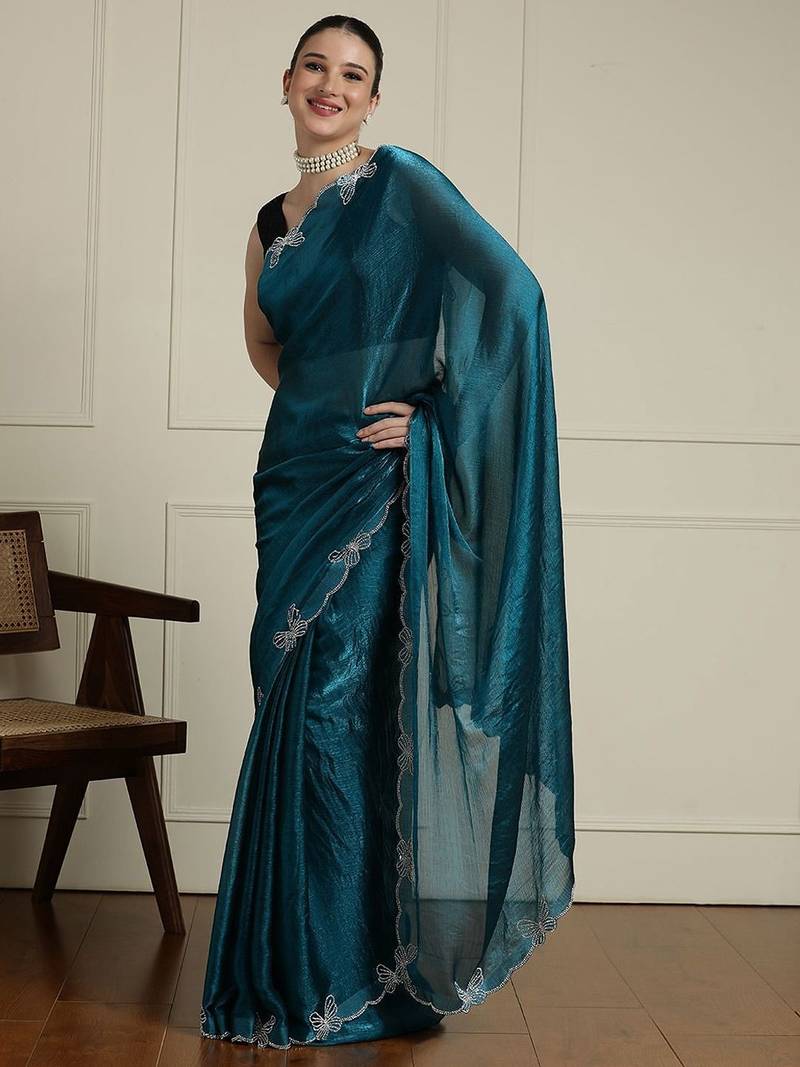 Blue embellished beads and stones saree with blouse
