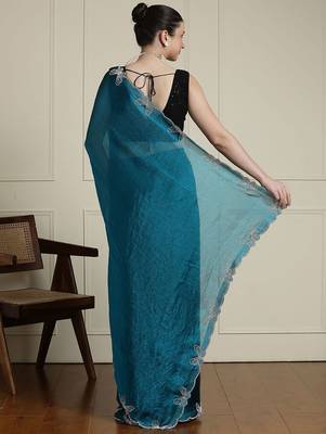 Blue embellished beads and stones saree with blouse 3