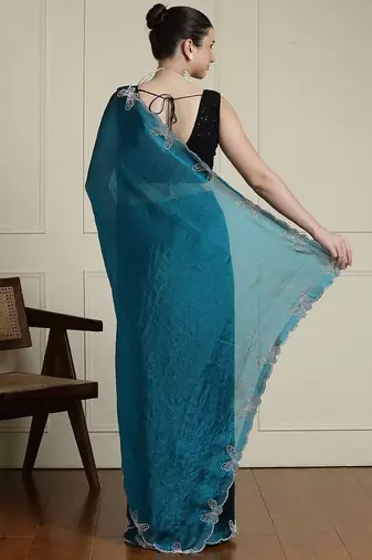 Blue embellished beads and stones saree with blouse