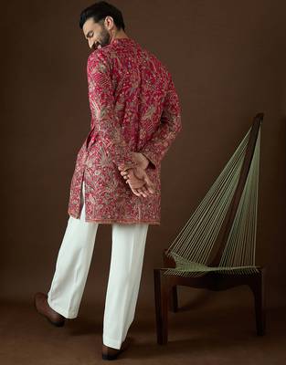Men’s pink georgette kurta with solid sequins embroidered | trendy ethnic wear for festive, wedding & party occasions 4