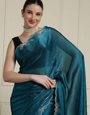 Blue embellished beads and stones saree with blouse 4