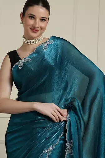 Blue embellished beads and stones saree with blouse
