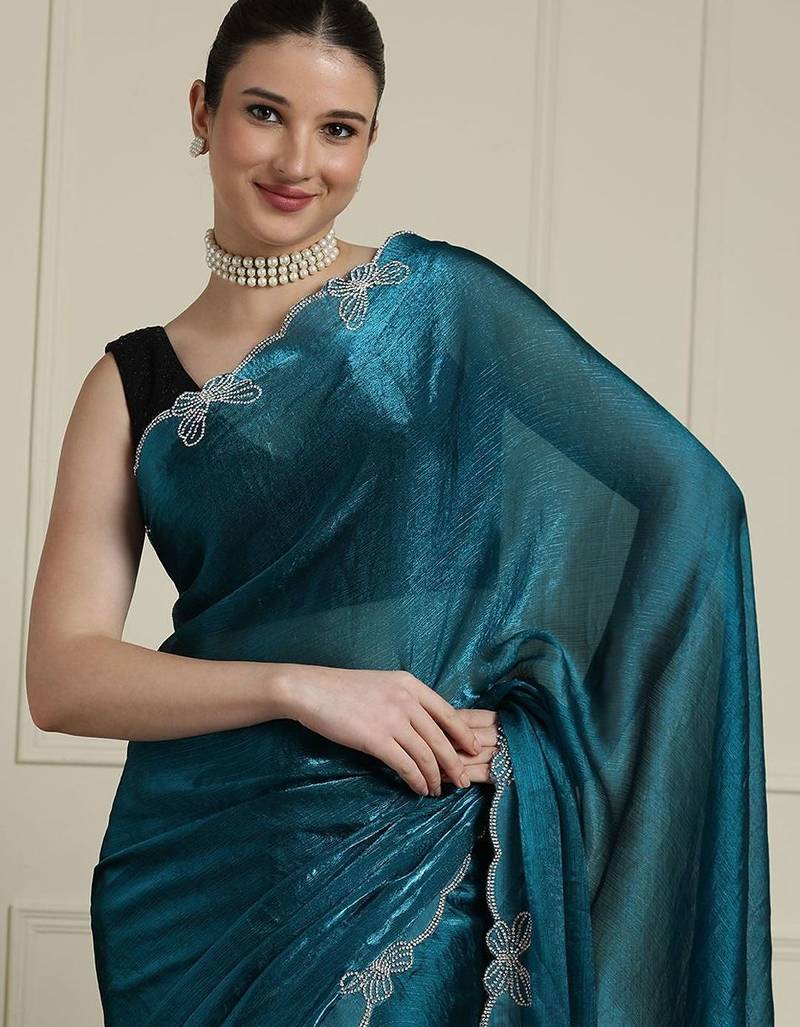 Blue embellished beads and stones saree with blouse