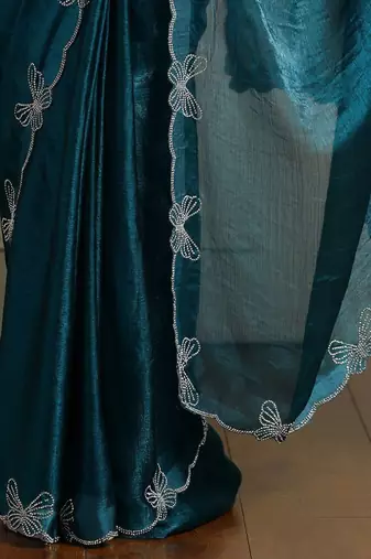 Blue embellished beads and stones saree with blouse