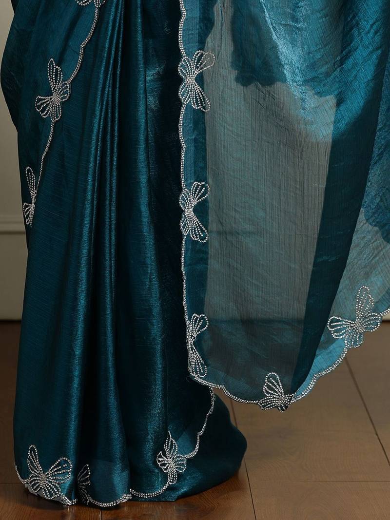 Blue embellished beads and stones saree with blouse