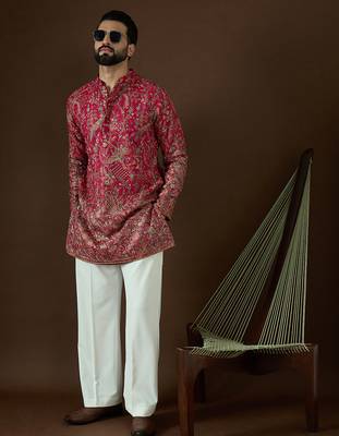 Men’s pink georgette kurta with solid sequins embroidered | trendy ethnic wear for festive, wedding & party occasions 5