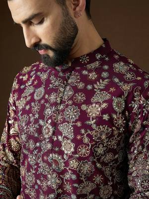 Men’s purple georgette kurta with solid sequins embroidered | trendy ethnic wear for festive, wedding & party occasions 2