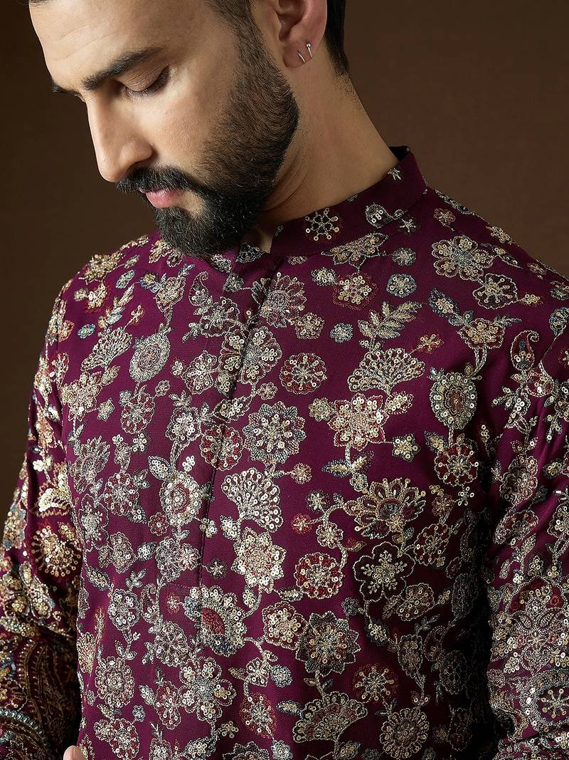Men’s purple georgette kurta with solid sequins embroidered | trendy ethnic wear for festive, wedding & party occasions