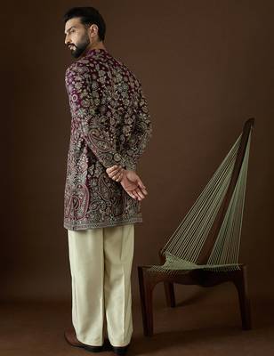 Men’s purple georgette kurta with solid sequins embroidered | trendy ethnic wear for festive, wedding & party occasions 4