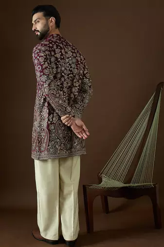 Men’s purple georgette kurta with solid sequins embroidered | trendy ethnic wear for festive, wedding & party occasions