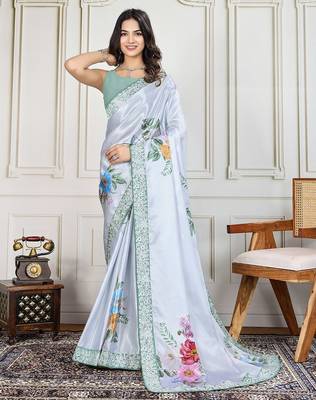 Grey printed work saree with blouse piece 1