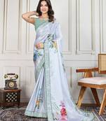Grey printed work saree with blouse piece