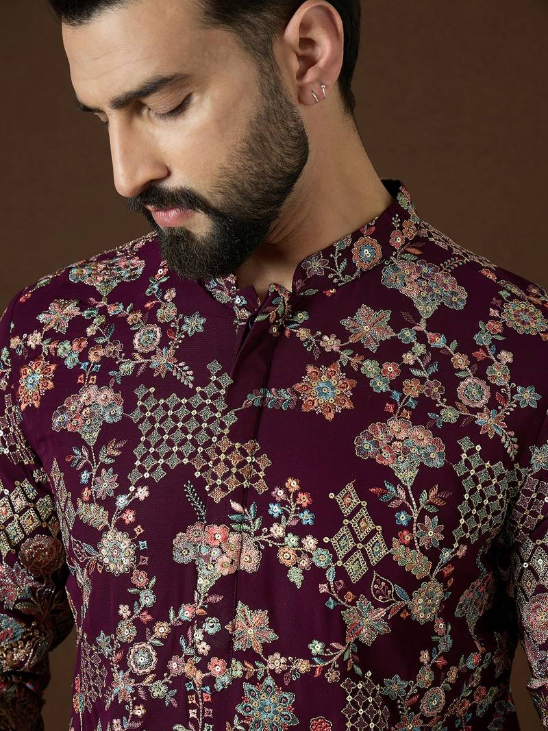 Men’s purple georgette kurta with solid sequins embroidered | trendy ethnic wear for festive, wedding & party occasions